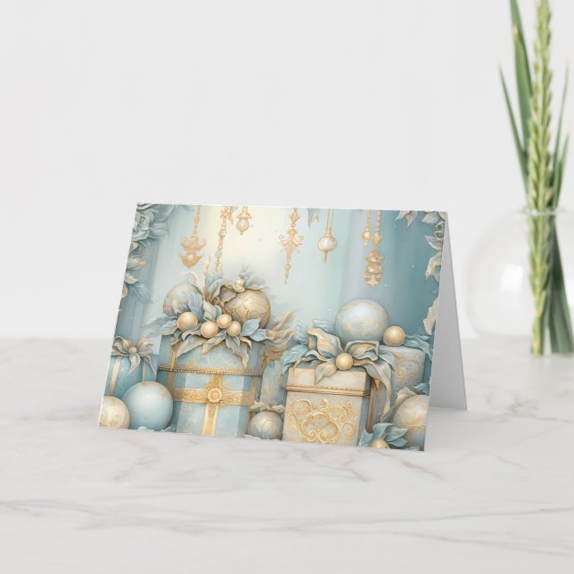 Tarjeta Regalos de Navidades azules y dorados y diseño de  (Anverso)