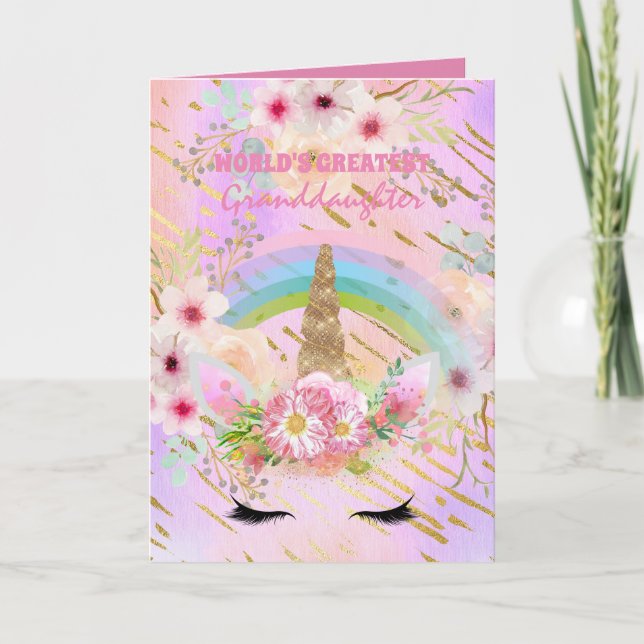 Tarjeta Regalos UNICORN de GRANDDAUGHTER Oro Rosa Girly (Anverso)
