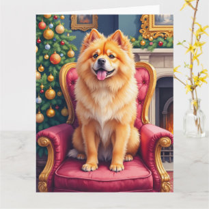 Tarjeta Regio Chow Chow junto al Gran Árbol de Navidad