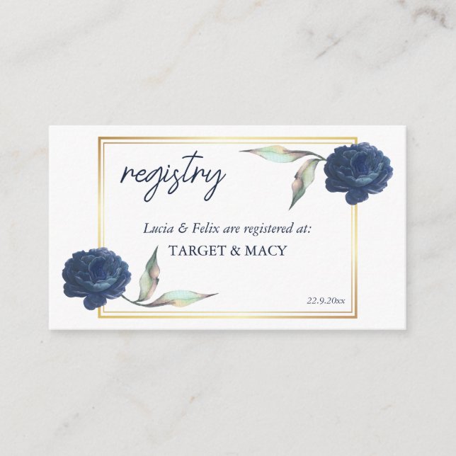 Tarjeta registrada de Boda floral Navy Blue GoldFr (Anverso)