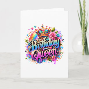 Tarjeta Reina de cumpleaños arcoíris floral