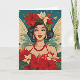 Tarjeta Reina de la belleza pin-up navideña tropical retro