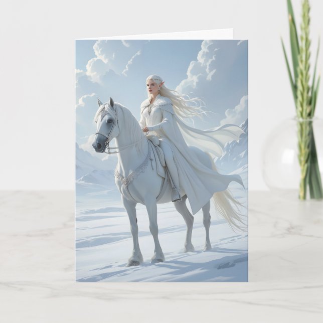 Tarjeta Reina Elfa Cabalgando Caballo Blanco (Anverso)