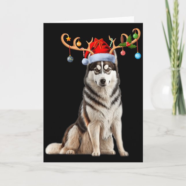 Tarjeta Reindeer Santa Hat Christmas Pajamas Husky Dog Xma (Anverso)