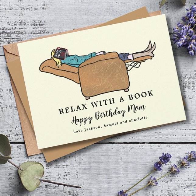 Tarjeta Relájate con un Libro Feliz Cumpleaños Mamá (Funny birthday card for mom book lover greetings card)