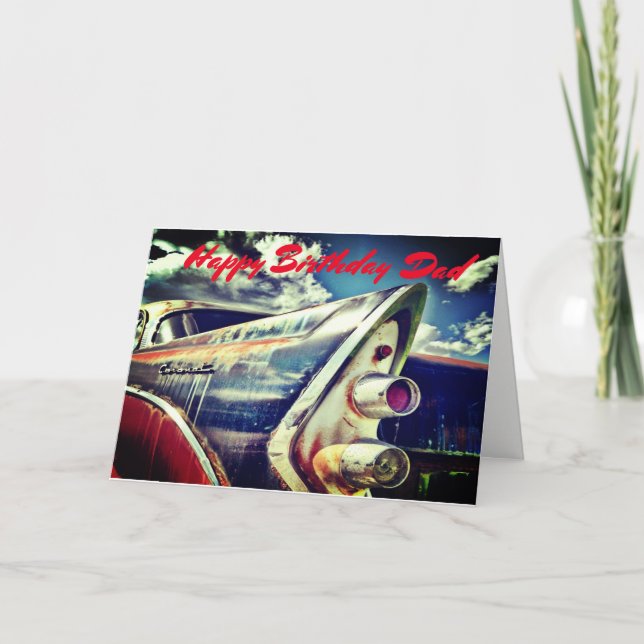 Tarjeta Relativo masculino, cumpleaños. Auto vintage. (Anverso)