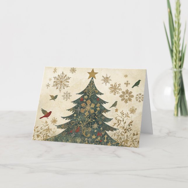 Tarjeta Relieve metalizado dorado de árbol de Navidad con  (Anverso)