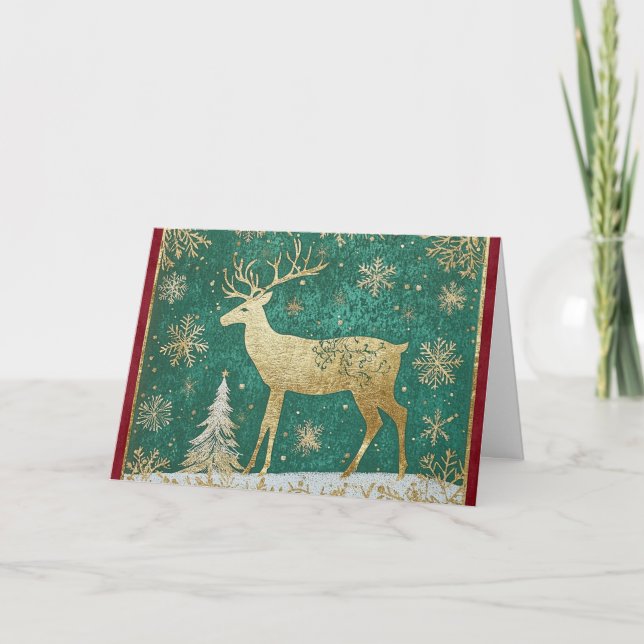 Tarjeta Relieve metalizado dorado de reno con copos de nie (Anverso)