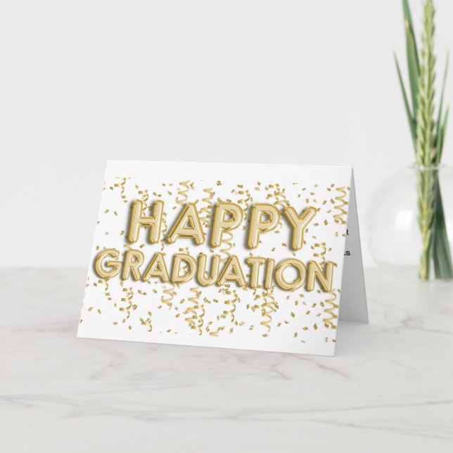 Tarjeta Relieve metalizado dorado Globos Feliz Graduación (Anverso)