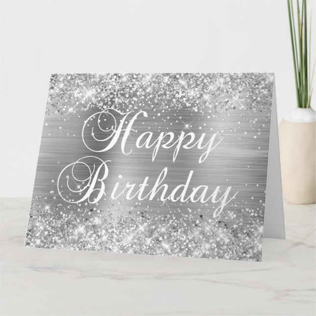 Tarjeta Relieve metalizado plateado Purpurinoso Feliz Cump (Anverso)
