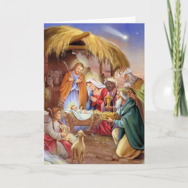 Tarjeta religiosa de Navidad de la natividad (Anverso)