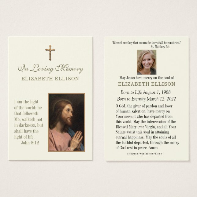 Tarjeta religiosa para la plegaria funeraria de Je (Anverso y reverso)