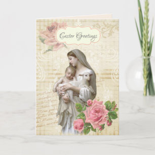 Tarjeta Religiosa Vintage Feliz Pascua María Jesús Floral