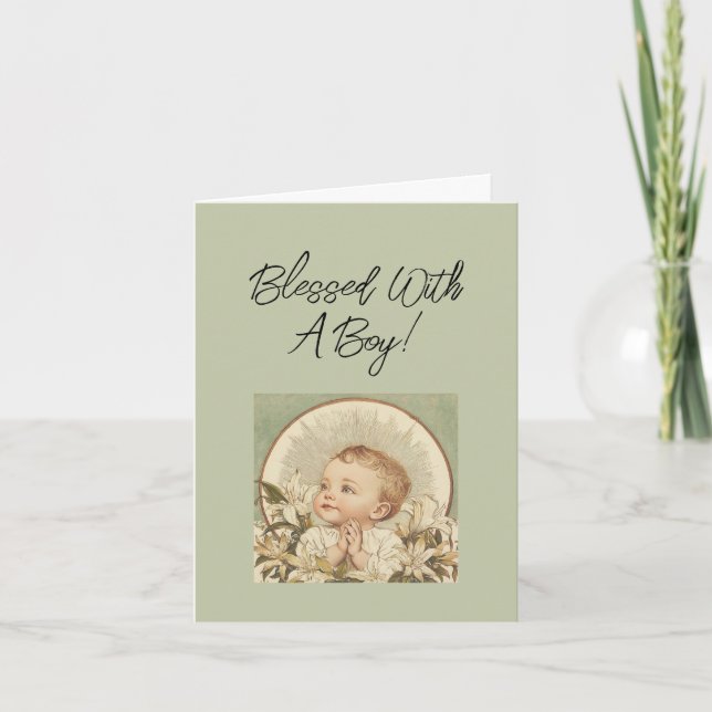 Tarjeta Religious Baby Boy Congratulations, Custom Text  (Anverso)