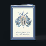 Tarjeta Religious Birthday Virgin Mary Floral<br><div class="desc">This is a beautiful traditional Catholic customized image of the Blessed Virgin Mary,  Our Lady of Grace on a Marian"M" and blue flowers. All text and fonts can be modified.</div>