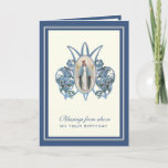 Tarjeta Religious Birthday Virgin Mary Floral<br><div class="desc">This is a beautiful traditional Catholic customized image of the Blessed Virgin Mary,  Our Lady of Grace on a Marian"M" and blue flowers. All text and fonts can be modified.</div>