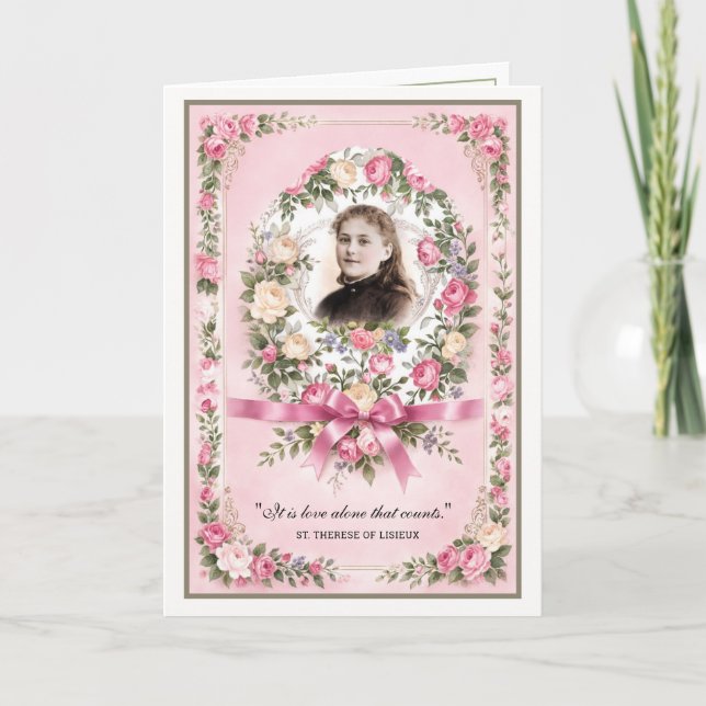 Tarjeta Religious St. Therese Vintage Pink Roses Prayer (Anverso)