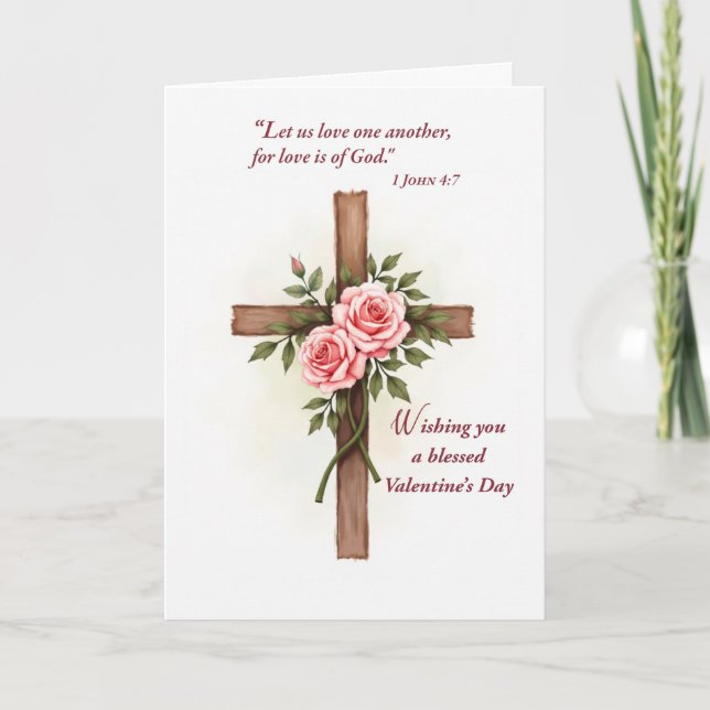 Tarjeta Religious Valentine’s Day Cross Roses Scripture (Anverso)