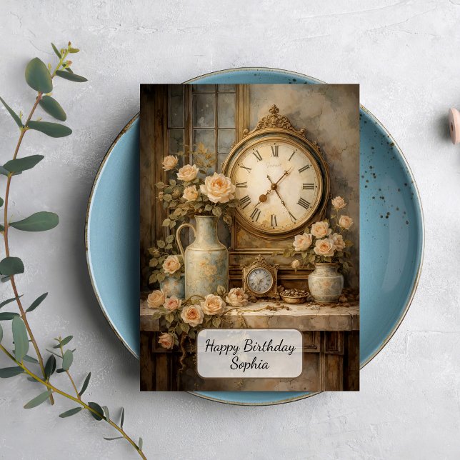 Tarjeta Reloj Antiguo y Rosas (Subido por el creador)