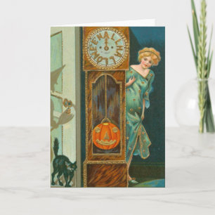 Tarjeta Reloj de Abuelo Gato Negro Bruja Calabaza