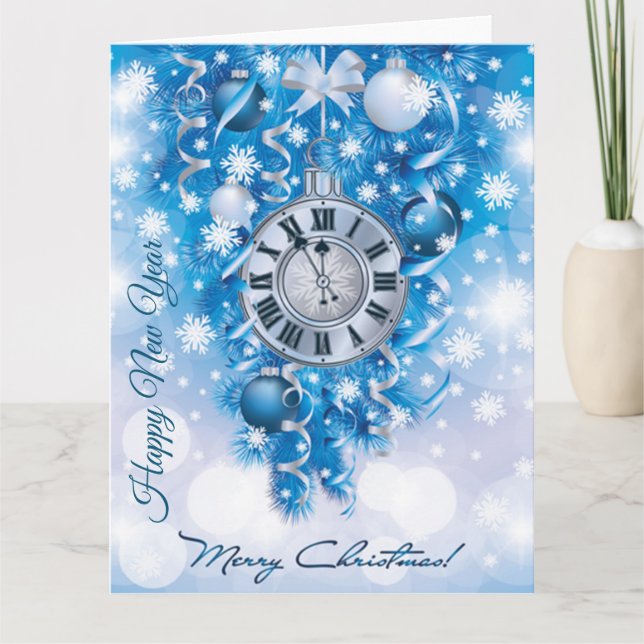 Tarjeta Reloj de Año Nuevo Azul y Feliz Navidad Blanca (Anverso)