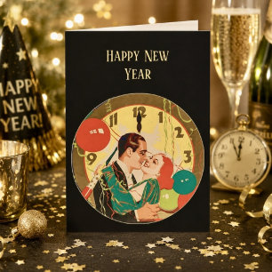 Tarjeta Reloj de beso de Nochevieja Art Déco vintage