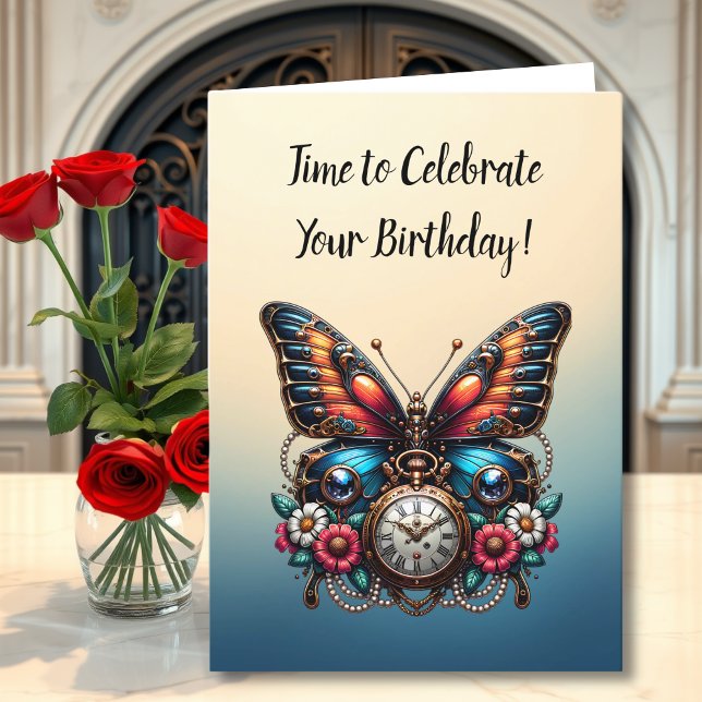 Tarjeta Reloj de bolsillo y flores de cumpleaños mariposa (Subido por el creador)