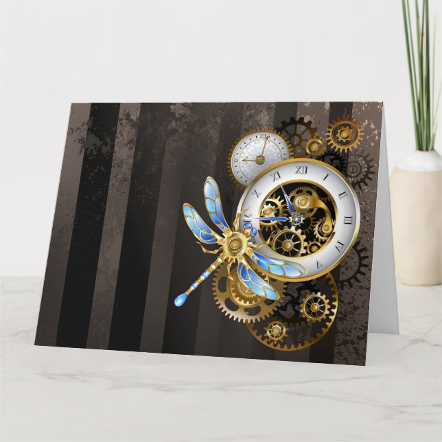 Tarjeta Reloj de vapor con libélula mecánica (Anverso)