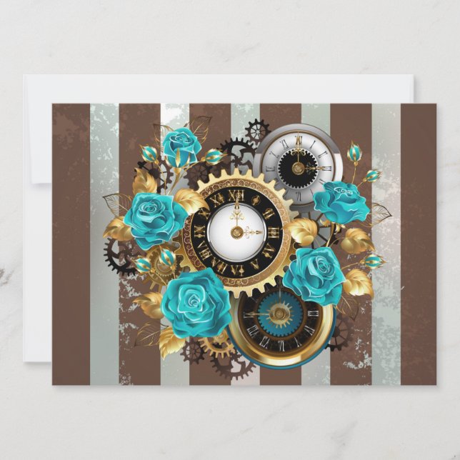 Tarjeta Reloj de vapor y Rosas turquesa a rayas (Anverso)