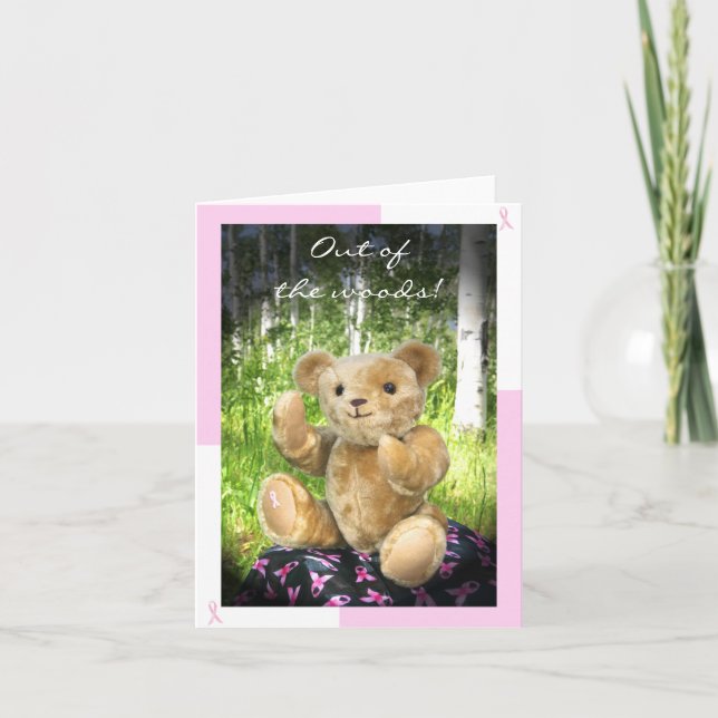 Tarjeta Remisión del cáncer de mama—Oso de peluche—Cinta r (Anverso)