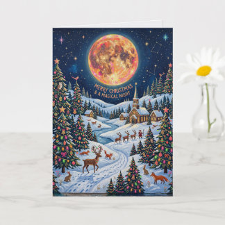 Tarjeta Reno bajo el bosque de la luna de invierno