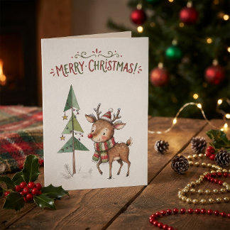 Tarjeta Reno de Navidad Acuarela Encantador BosqueVintage