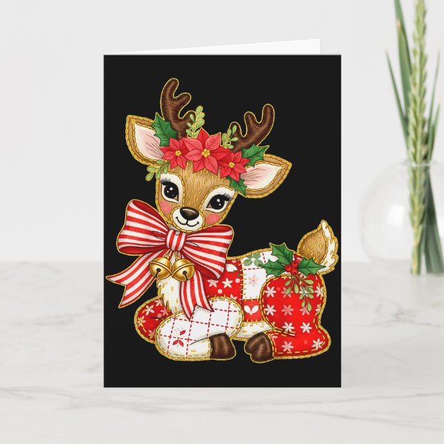 Tarjeta Reno de Patchwork Preppy Femenino Navidad Xmas Hol (Anverso)