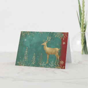 Tarjeta Reno de Relieve metalizado dorado con copos de nie