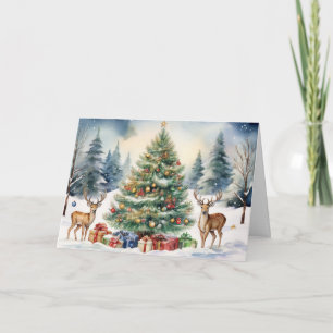 Tarjeta Renos en la nieve con regalos del árbol de Navidad