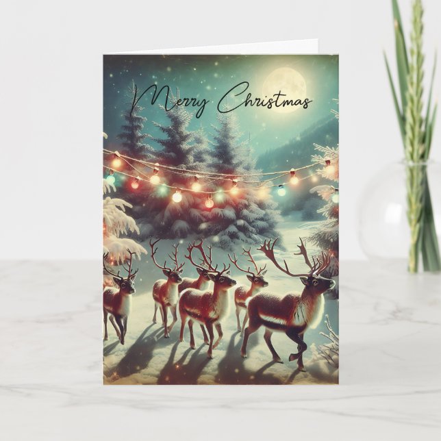Tarjeta Renos vintage y luces Navidades (Anverso)