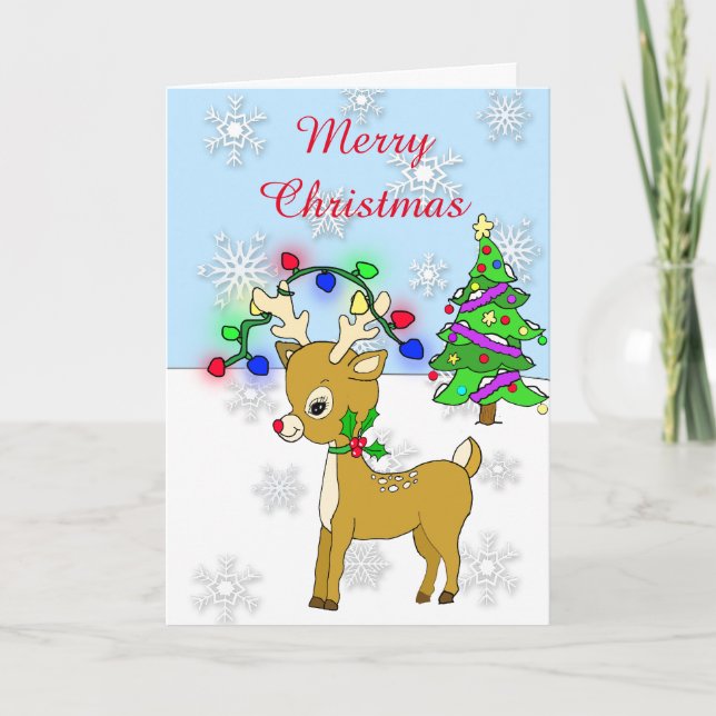 Tarjeta Renos y Navidades iluminan árbol de Navidad (Anverso)