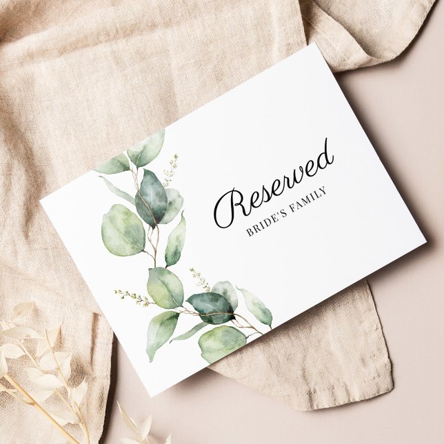 Tarjeta reservada para el Boda Eucalyptus Greenery (Watercolor Eucalyptus Greenery Wedding Reception Table Reserved Card)