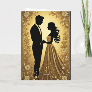 Tarjeta Resplandor dorado de boda novia novio silueta