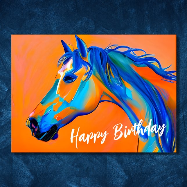 Tarjeta Resumen azul y Naranja de caballos Feliz cumpleaño (Blue and Orange Abstract Horse Happy Birthday Card)