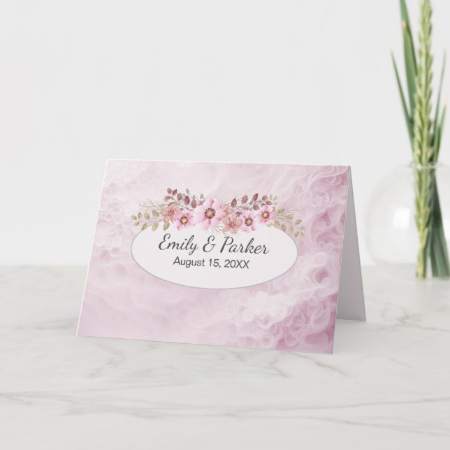 Tarjeta Resumen Boda Rosa con nombres recién casados (Anverso)