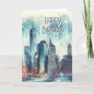 Tarjeta Resumen de la silueta de Nueva York Feliz Cumpleañ