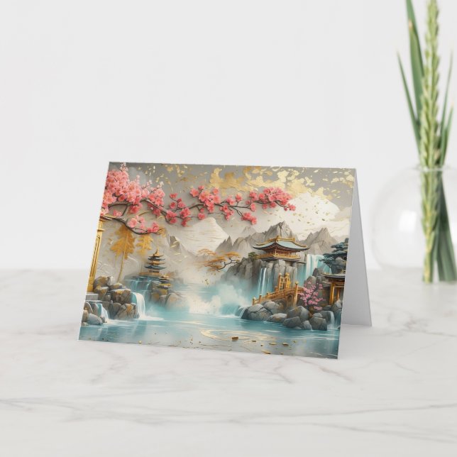 Tarjeta Resumen del paisaje japonés con flores de Sakura (Anverso)