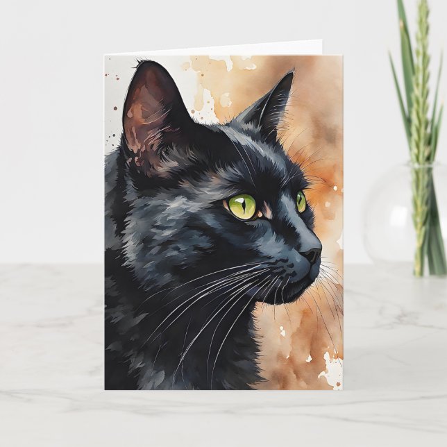 Tarjeta Retrato acuarela de Black Cat Green Eyes Blank (Anverso)