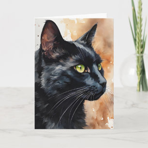 Tarjeta Retrato acuarela de Black Cat Green Eyes Blank