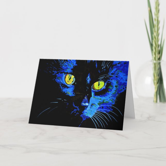 Tarjeta Retrato artístico de gato negro con E amarillo lla (Anverso)
