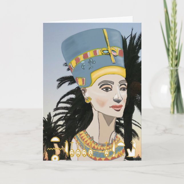 Tarjeta Retrato colorido nefertiti y palmeras (Anverso)