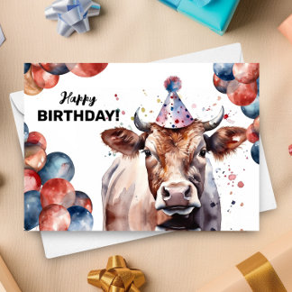 Tarjeta Retrato de acuarela animal de vaca Feliz cumpleaño