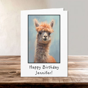 Tarjeta Retrato de Alpaca Nombre de cumpleaños feliz