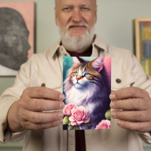 Tarjeta Retrato de bonito Maine Coon y Flores